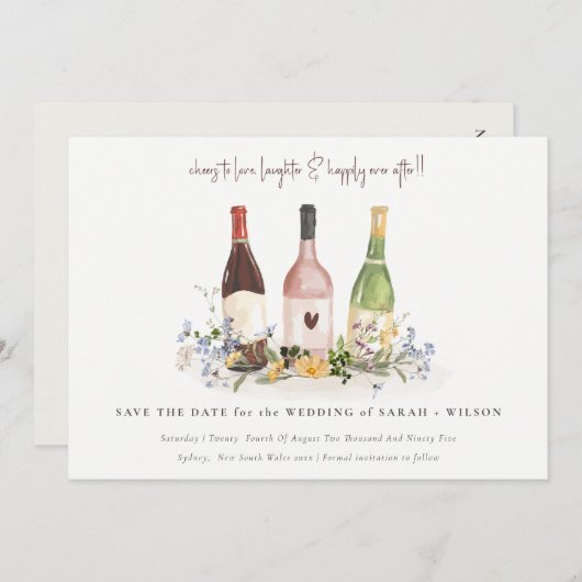 Elegant Wildflower Cheers to Love Wine Botles Save The Date (Voorkant / Achterkant)