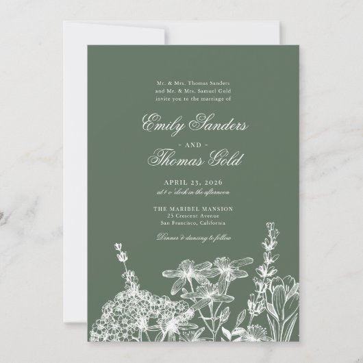 Elegant Wildflower Garden Script Wedding Invitatio Kaart (Voorkant)