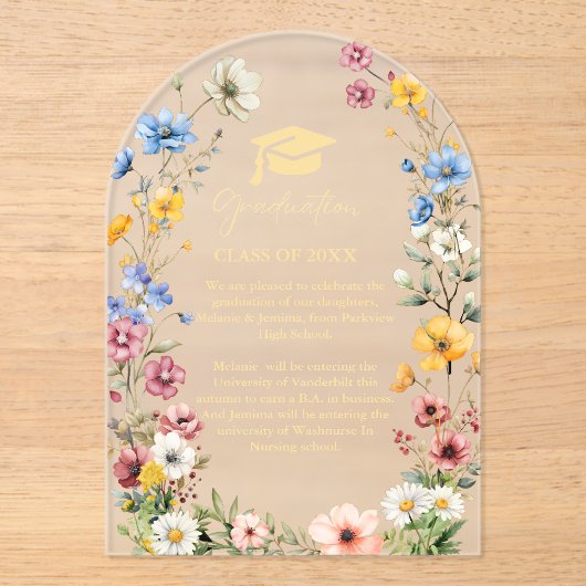 Elegant Wildflower Meadow Garden Twin Afstuderen Acryl Uitnodigingen (Voorkant)