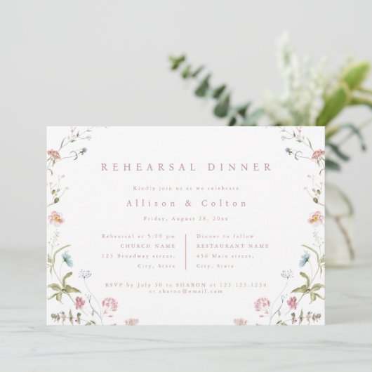 Elegant Wildflower Rustic Boho Rehearsal Dinner Kaart (Staand voorkant)