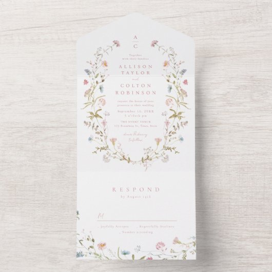 Elegant Wildflower Rustic Boho Wedding monogram All In One Uitnodiging (Binnen)