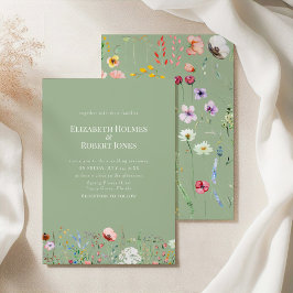 Elegant Wildflower Sage Green Wedding Invitation Kaart