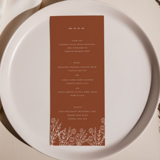 Elegant Wildflower Terracotta Bruiloft Diner Menu
