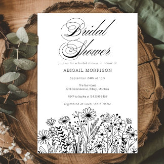 Elegant Wildflowers Black and White Bridal Shower Kaart