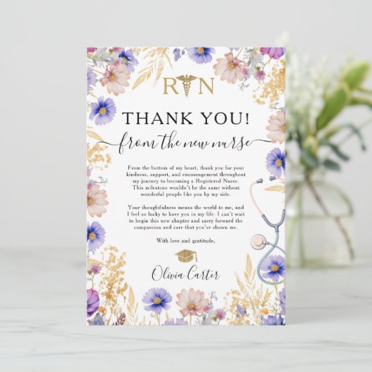 Elegant Wildflowers RN Nurse Afstuderen Bedankt (Staand voorkant)