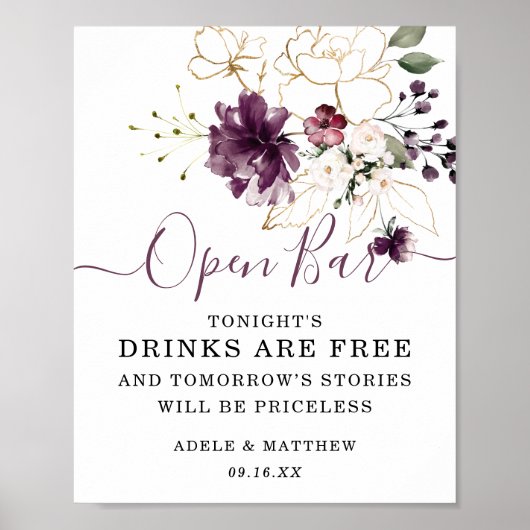 Elegant Wine Gold Floral Open Bar Poster (Voorkant)