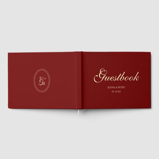 Elegant Wine Red Script Monogram Wedding Gastenboek (Volledig)