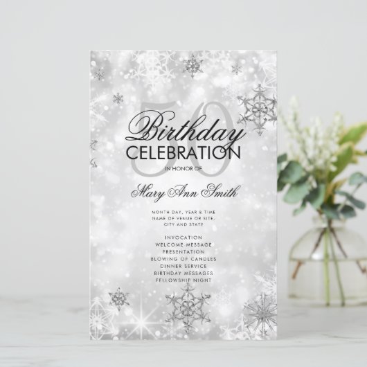 Elegant Winter 50th Birthday Program Silver Menu (Staand voorkant)