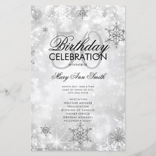 Elegant Winter 50th Birthday Program Silver Menu (Voorkant)