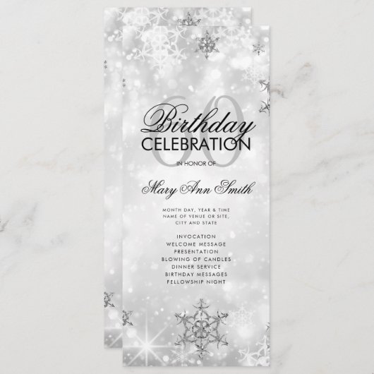 Elegant Winter 60th Birthday Program Silver Menu Kaart (Voorkant / Achterkant)