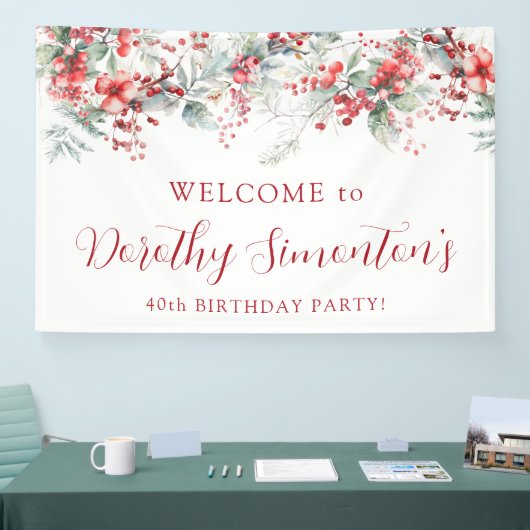 Elegant Winter Berry Botanical 40e verjaardagsfees Spandoek (Beurs)