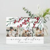 Elegant Winter Berry Script Christmas Three Foto Feestdagenkaart (Staand voorkant)