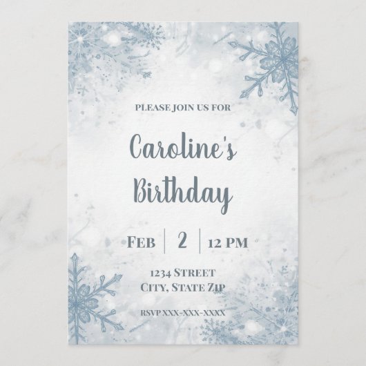 Elegant Winter Birthday Invitation – Snowflakes (Devant)