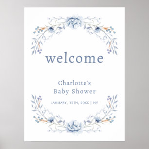 Elegant Winter Blue Floral Baby shower Welkom Poster