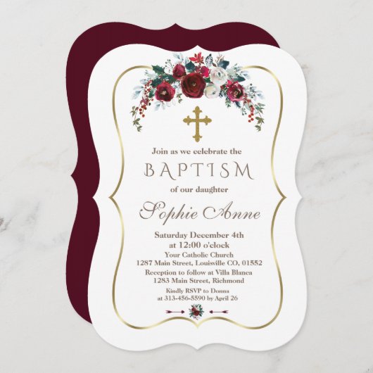 Elegant Winter Burgundy Floral Pine Gold Baptisme Kaart (Voorkant / Achterkant)
