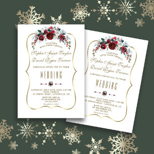 Elegant Winter Burgundy Floral Pine Gold Wedding Kaart