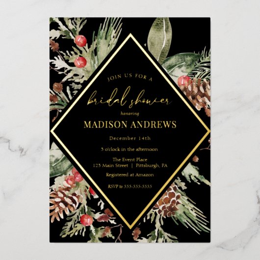 Elegant Winter Evergreen Poinsettia Vrijgezellenfe Folie Uitnodiging (Voorkant)