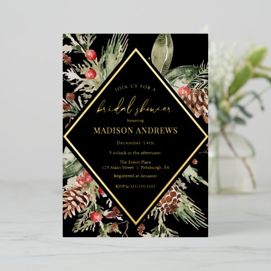 Elegant Winter Evergreen Poinsettia Vrijgezellenfe Folie Uitnodiging (Staand Voorkant)