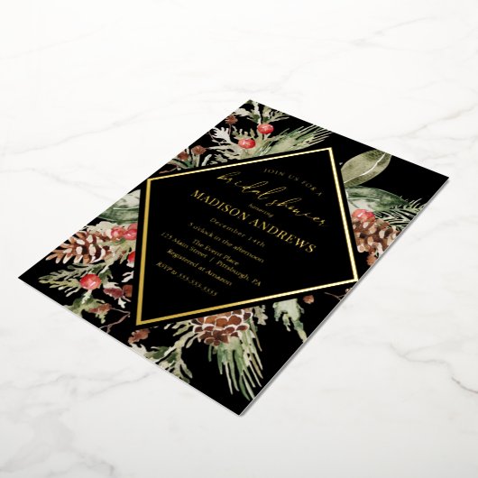 Elegant Winter Evergreen Poinsettia Vrijgezellenfe Folie Uitnodiging (Gedraaid)