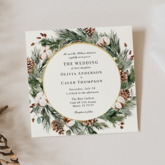 Elegant Winter Evergreen Wedding Invitation Kaart