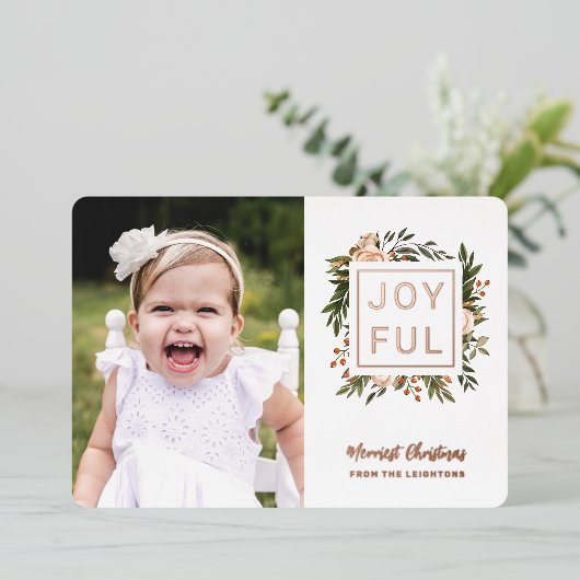 Elegant Winter Florals | Jonge kerstfoto's Folie Feestdagenkaart (Staand Voorkant)