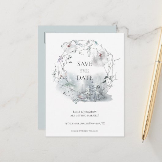 Elegant Winter Foliage Bruiloft Save The Date Aankondigingskaart (Voorkant / Achterkant in situ)
