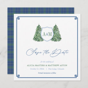 Elegant Winter Forest Weddenschap Monogram Tartan Save The Date