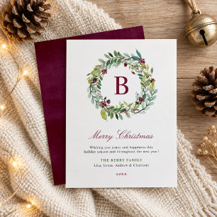Elegant Winter Greenery Burgundy Monogram Wreath Feestdagenkaart