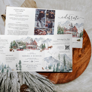 Elegant Winter Mountain Ski Chalet Wedding Drieluik Uitnodiging