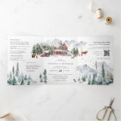 Elegant Winter Mountain Ski Chalet Wedding Drieluik Uitnodiging (Binnen)