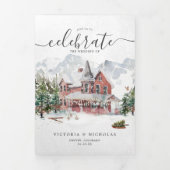 Elegant Winter Mountain Ski Chalet Wedding Drieluik Uitnodiging (Cover)