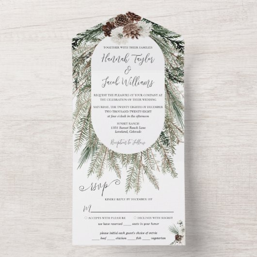 Elegant Winter Pine Weddenschap met RSVP All In One Uitnodiging (Binnen)