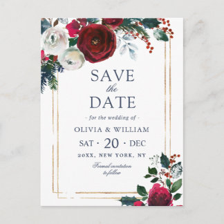Elegant Winter Rozen Foliage Bruiloft Save the Dat Briefkaart