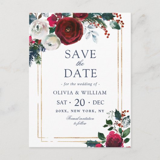 Elegant Winter Rozen Foliage Bruiloft Save the Dat Briefkaart (Voorkant)