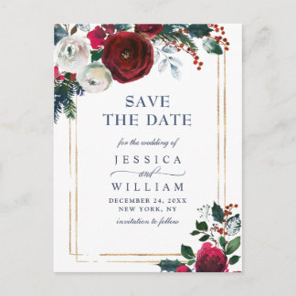 Elegant Winter Rozen Foliage Bruiloft Save the Dat Briefkaart