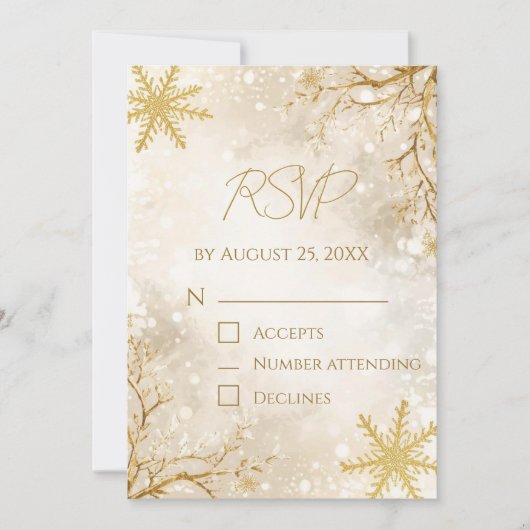 Elegant Winter RSVP Card | Ivory & Gold Snowflake Kaart (Voorkant)