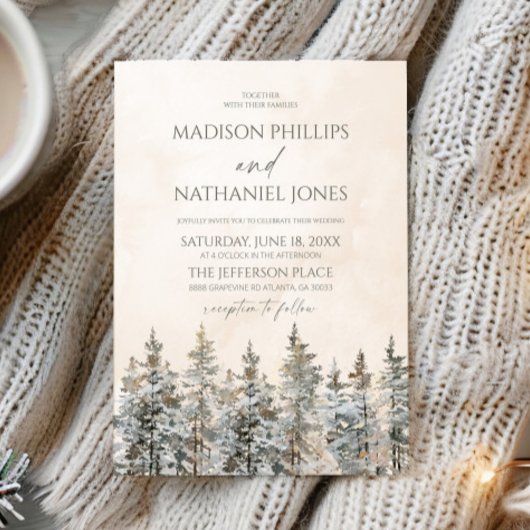 Elegant Winter Snowy Pine Tree Landscape Wedding Kaart