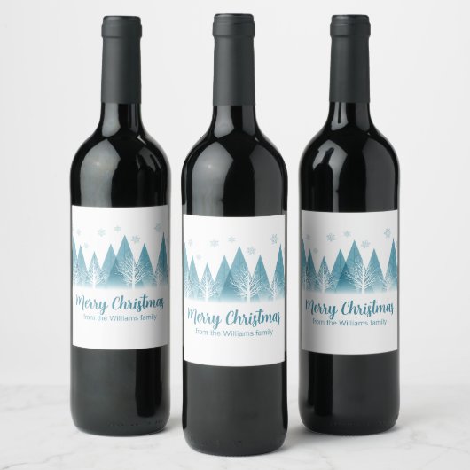 Elegant Winter Trees Custom Blue Merry Kerstmis Wijn Etiket (Flessen)