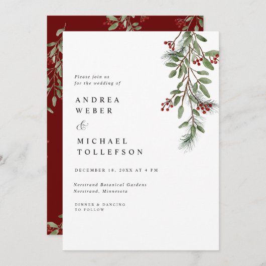 Elegant Winter Wedding Burgundy Greenery Invitatio Kaart (Voorkant / Achterkant)