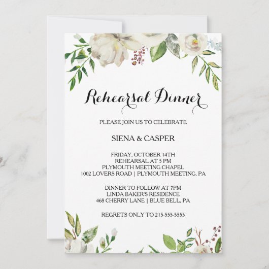 Elegant Winter White Peony Rehearsal Dinner Kaart (Voorkant)