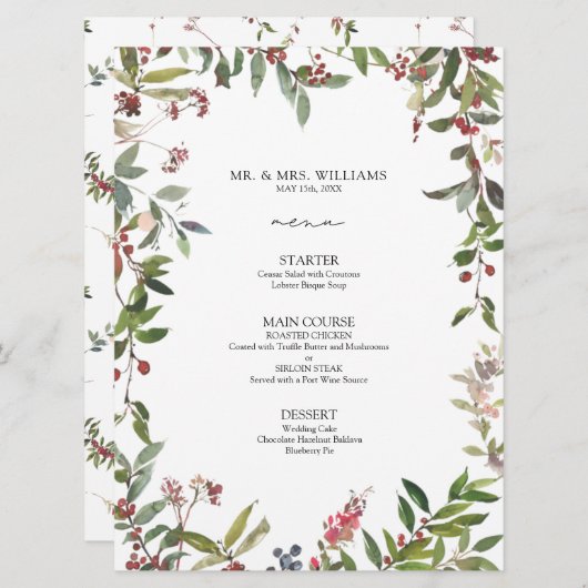 Elegant Winter Wildflower Berry Wedding Menu (Voorkant / Achterkant)