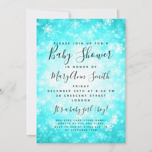 Elegant Winter Wonderland Baby shower Turquoise Kaart (Voorkant)