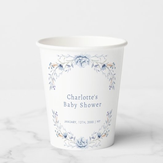 Elegant Winterblauw Wilflower Bloemen Baby shower Papieren Bekers (Achterkant)