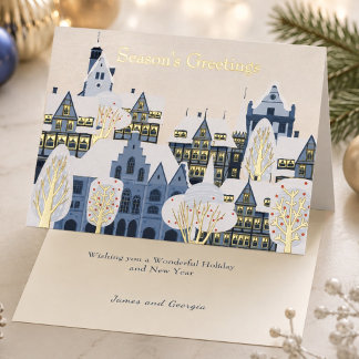 Elegant Winterdorp Seizoensgroeten Blauw Goud Folie Wenskaart