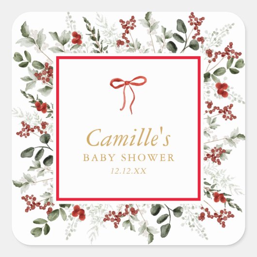 Elegant wintergroen & Holly Baby shower Vierkante Sticker (Voorkant)