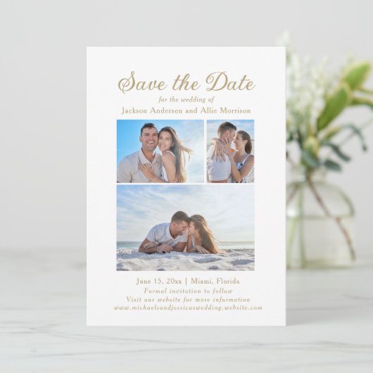 Elegant wit 4 foto 2 zijdige bruiloft save the date (Staand voorkant)