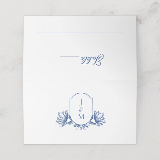 Elegant Wit & Blauw Botanisch Monogram Crest (Buitenkant ongevouwen)