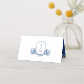 Elegant Wit & Blauw Botanisch Monogram Crest (Voorkant)