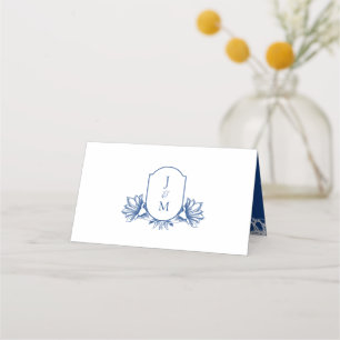 Elegant Wit & Blauw Botanisch Monogram Crest