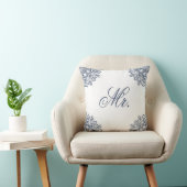 Elegant Wit Blauw Mr & Mrs Matching Zijn & Heren Kussen (Stoel)